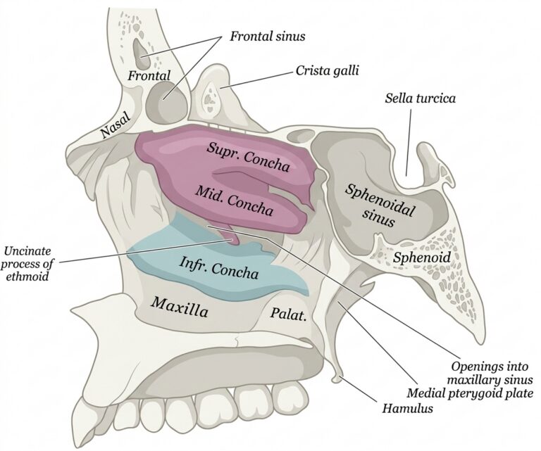 Lateral wall nasal cavity ethmoid bone position