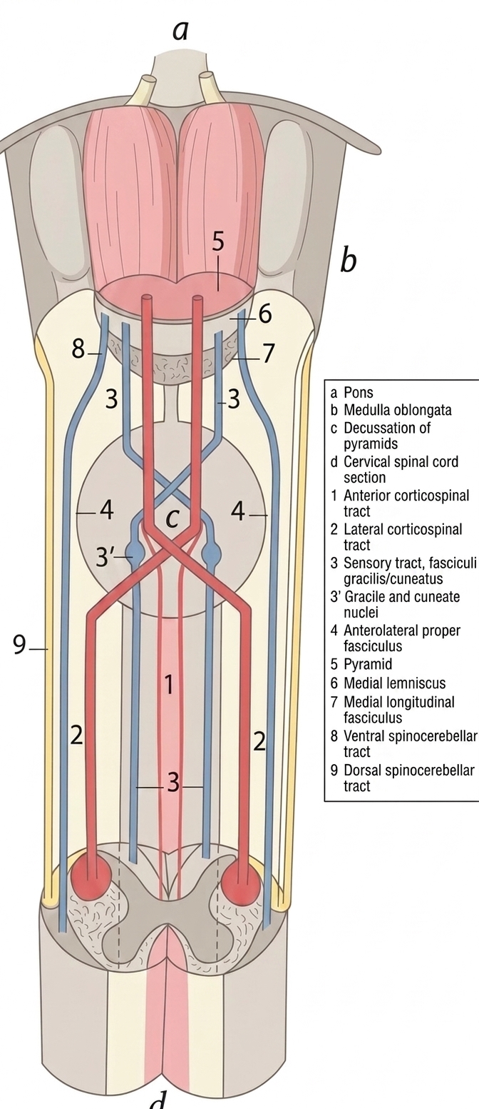 Decussation pyramids passage various fasciculi medulla spinalis