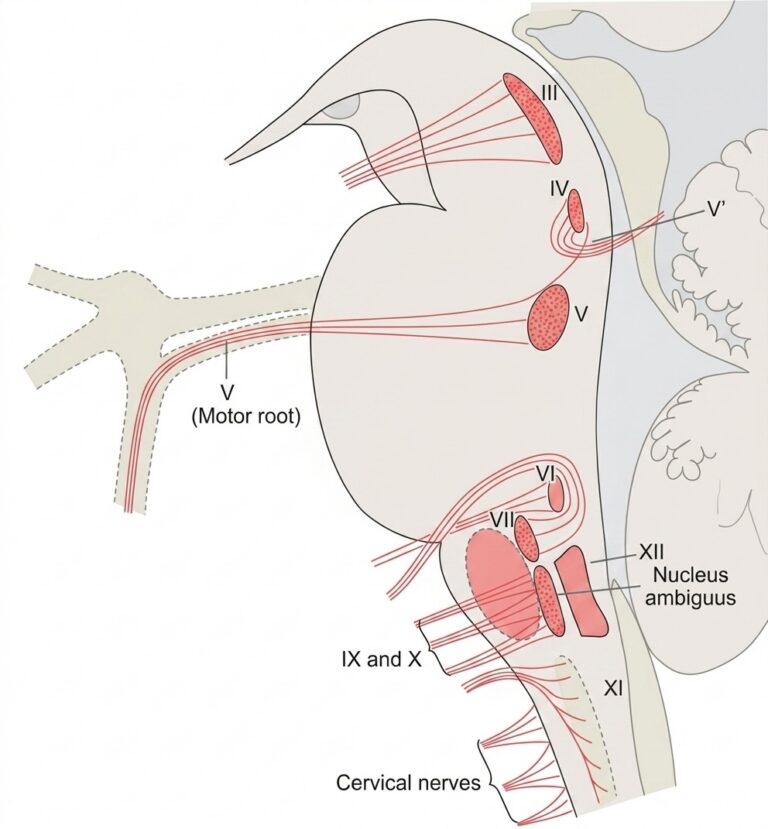 Nuclei origin cranial motor nerves schematically represented