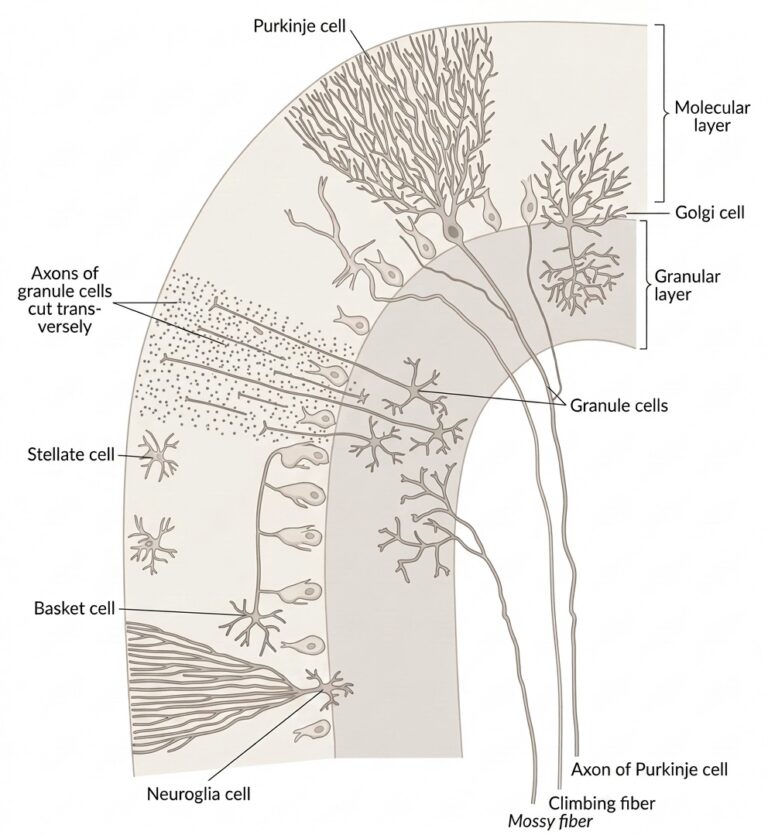 Transverse cerebellar folium principal cell types connections