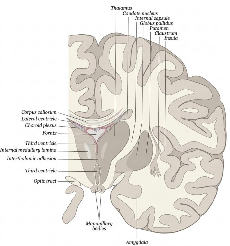 Coronal brain through intermediate mass third ventricle