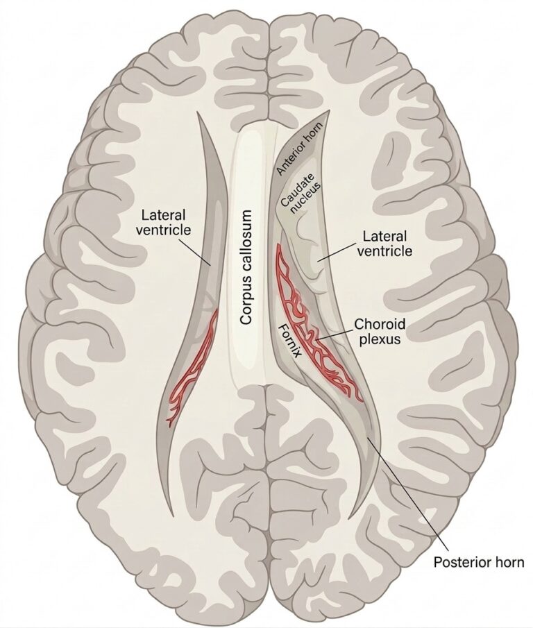 Central part anterior posterior cornua lateral ventricles