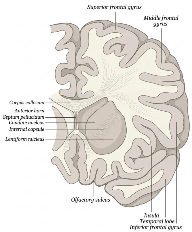 Coronal through anterior cornua lateral ventricles