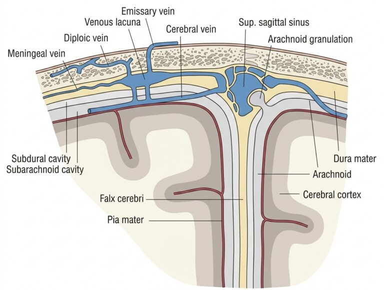 Diagrammatic representation across top skull membranes brain