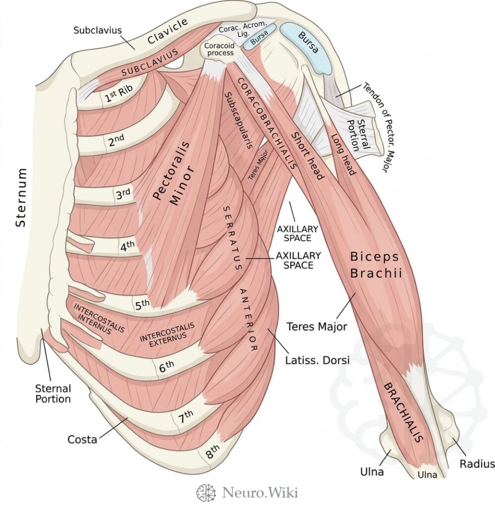 Anterior view of deep chest and arm muscles with axillary boundaries — Muscles