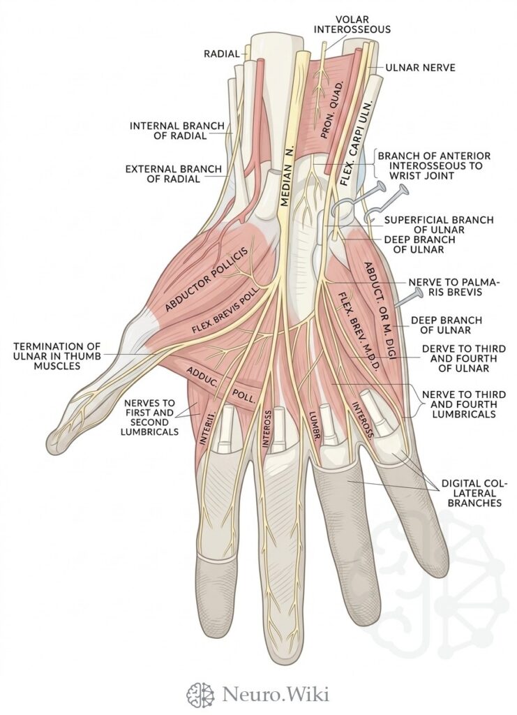 Deep palmar nerves of the left hand, palmar view — Peripheral nerves