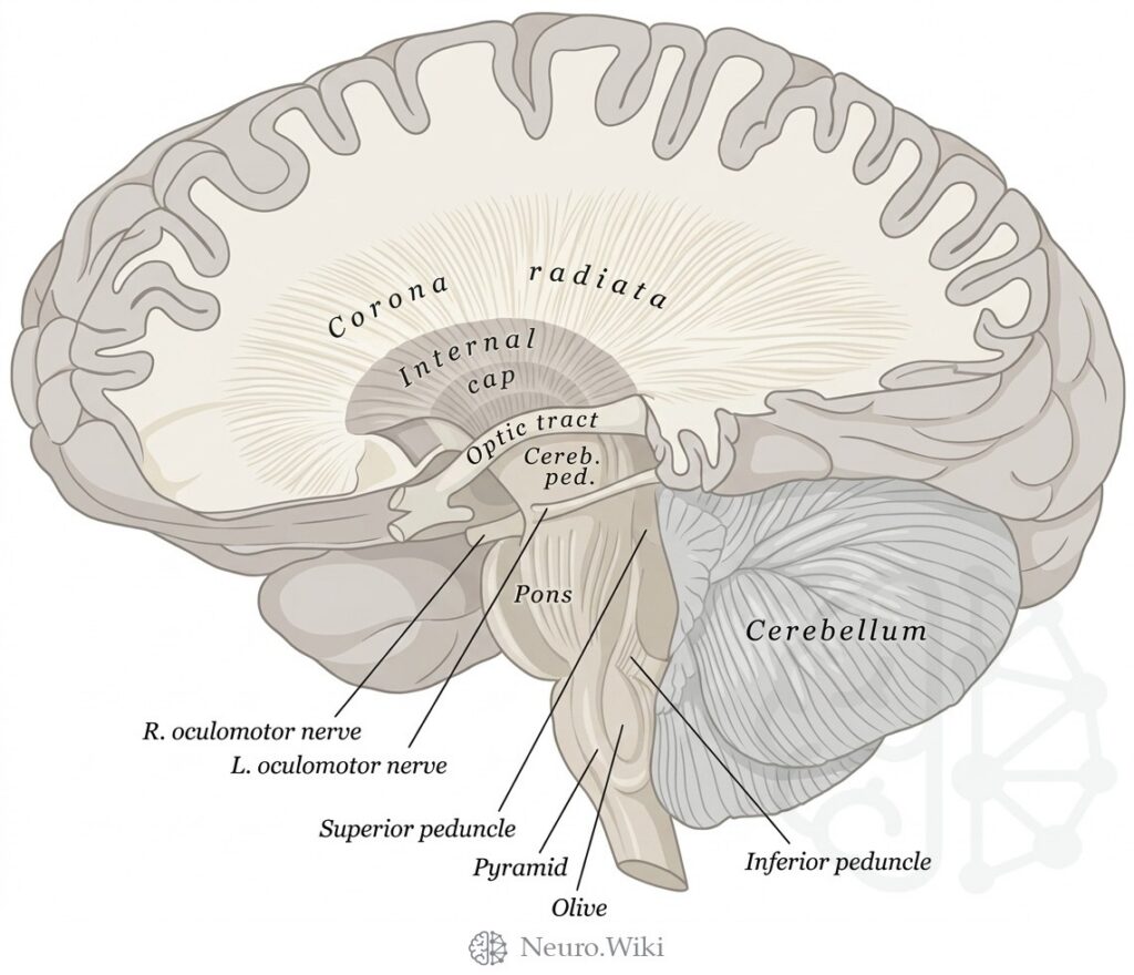 Lateral dissection showing corticospinal fibers — Brain and spinal cord