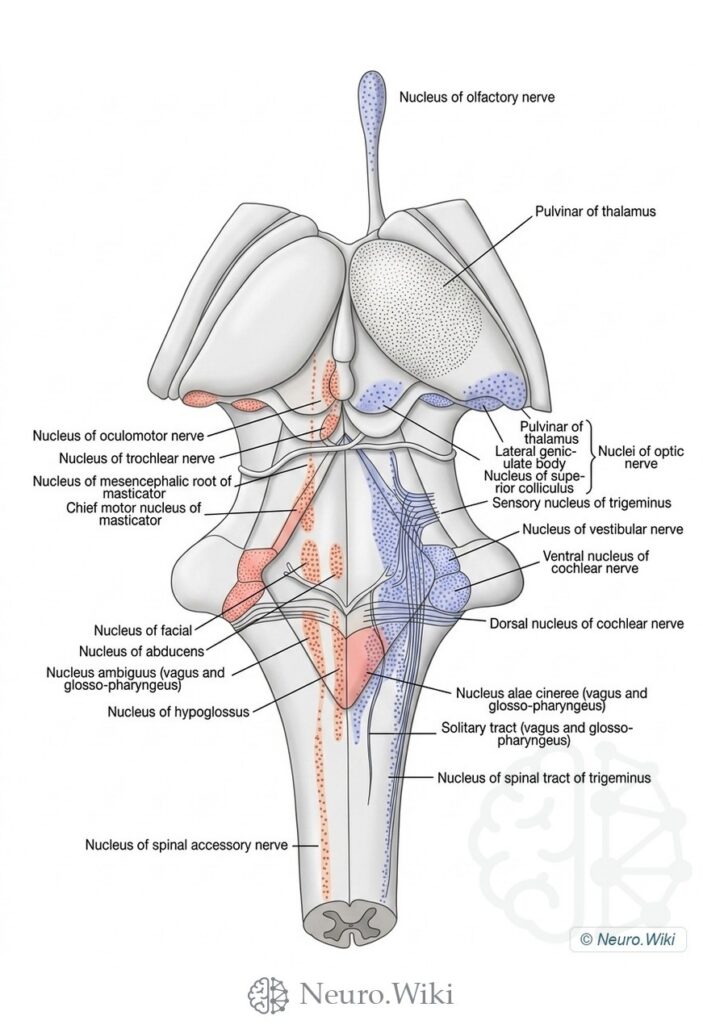 Scheme showing the Relative Size and Position of the Nuclei of Origin (Red) of the Motor and the Nuclei of Termination (Blue) of the Sensory Cranial Nerves — Brain and spinal cord